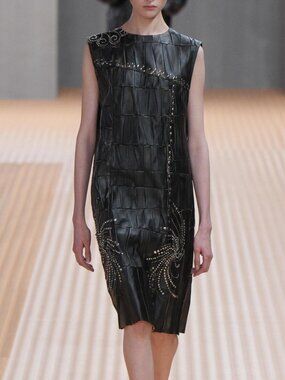 Prada Nappa Leather Patchwork Embellished Midi Shift Dress Black IT 40 US 4 NWT